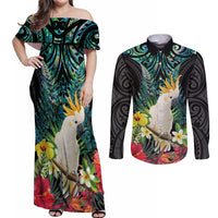 Sulphur-crested Cockatoo New Zealand Couples Matching Off Shoulder Maxi Dress and Long Sleeve Button Shirt Paua Shell Aotearoa Maori Tropical Flowers - Polynesian Pride