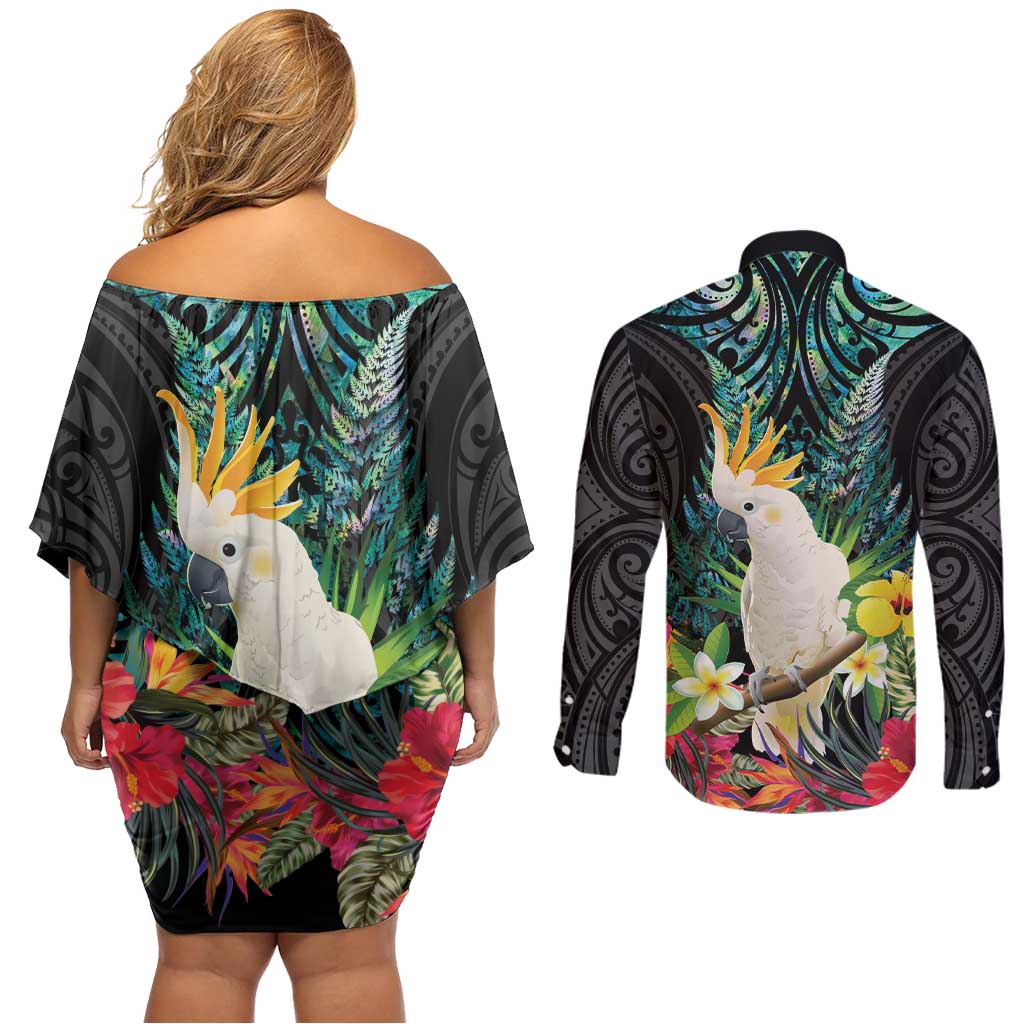Sulphur-crested Cockatoo New Zealand Couples Matching Off Shoulder Short Dress and Long Sleeve Button Shirt Paua Shell Aotearoa Maori Tropical Flowers - Polynesian Pride