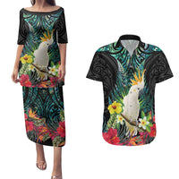 Sulphur-crested Cockatoo New Zealand Couples Matching Puletasi and Hawaiian Shirt Paua Shell Aotearoa Maori Tropical Flowers - Polynesian Pride
