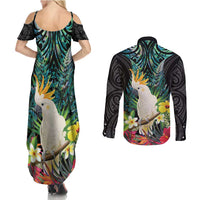 Sulphur-crested Cockatoo New Zealand Couples Matching Summer Maxi Dress and Long Sleeve Button Shirt Paua Shell Aotearoa Maori Tropical Flowers - Polynesian Pride