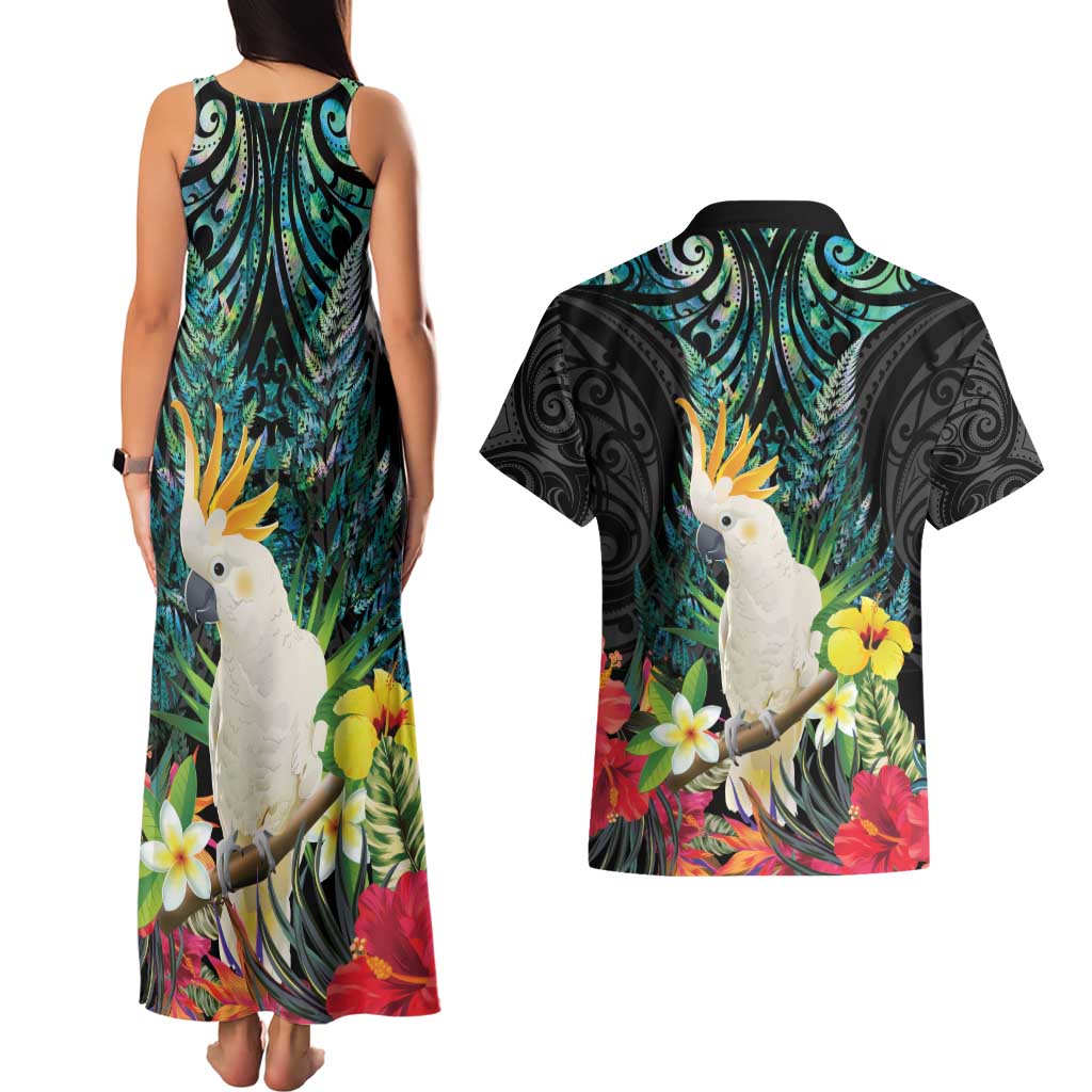 Sulphur-crested Cockatoo New Zealand Couples Matching Tank Maxi Dress and Hawaiian Shirt Paua Shell Aotearoa Maori Tropical Flowers - Polynesian Pride