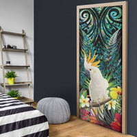 Sulphur-crested Cockatoo New Zealand Door Cover Paua Shell Aotearoa Maori Tropical Flowers - Polynesian Pride