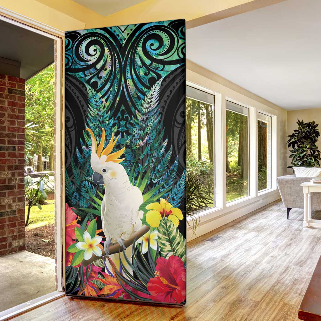Sulphur-crested Cockatoo New Zealand Door Cover Paua Shell Aotearoa Maori Tropical Flowers - Polynesian Pride