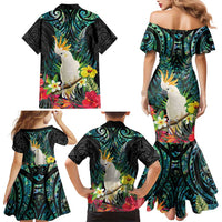 Sulphur-crested Cockatoo New Zealand Family Matching Mermaid Dress and Hawaiian Shirt Paua Shell Aotearoa Maori Tropical Flowers - Polynesian Pride