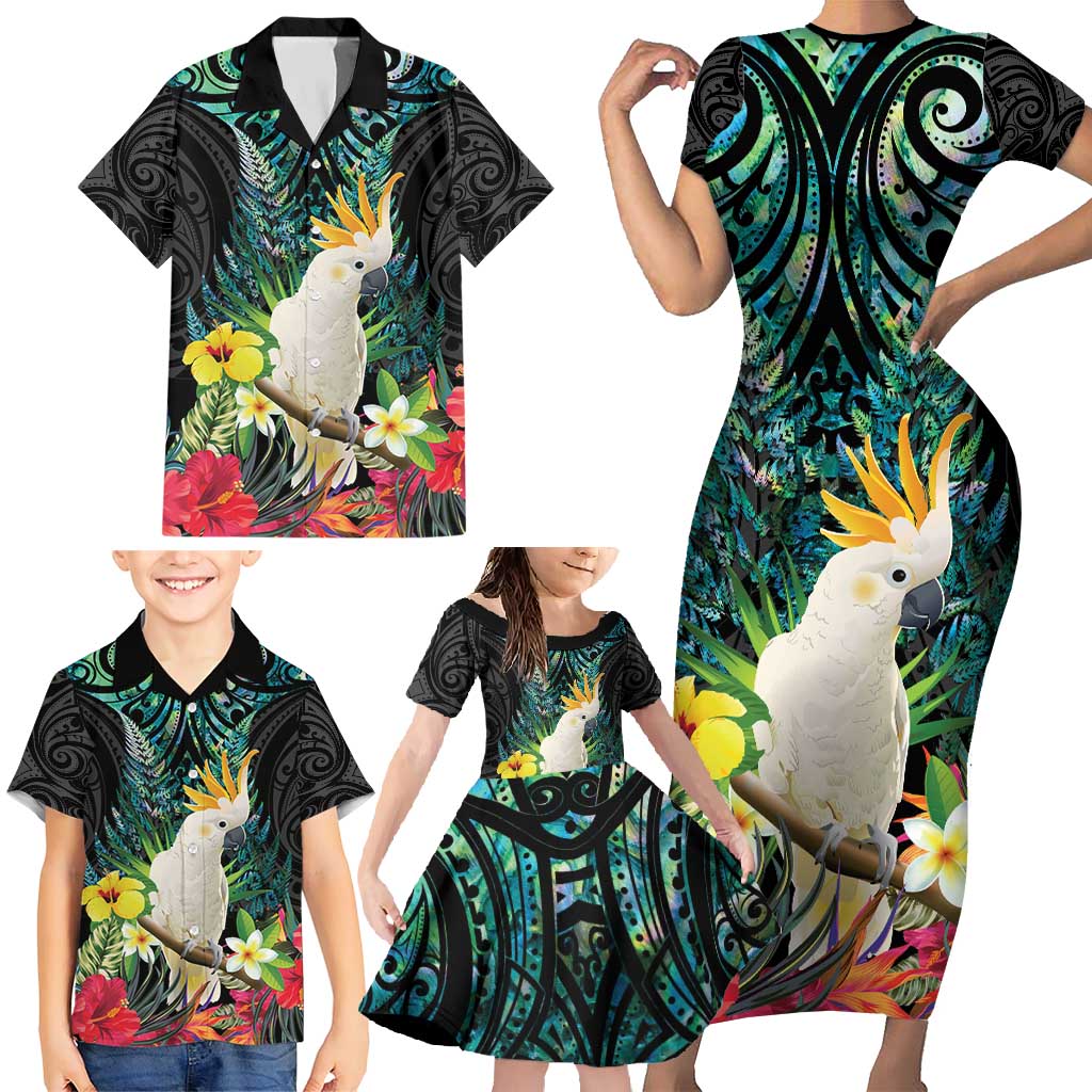 Sulphur-crested Cockatoo New Zealand Family Matching Short Sleeve Bodycon Dress and Hawaiian Shirt Paua Shell Aotearoa Maori Tropical Flowers - Polynesian Pride