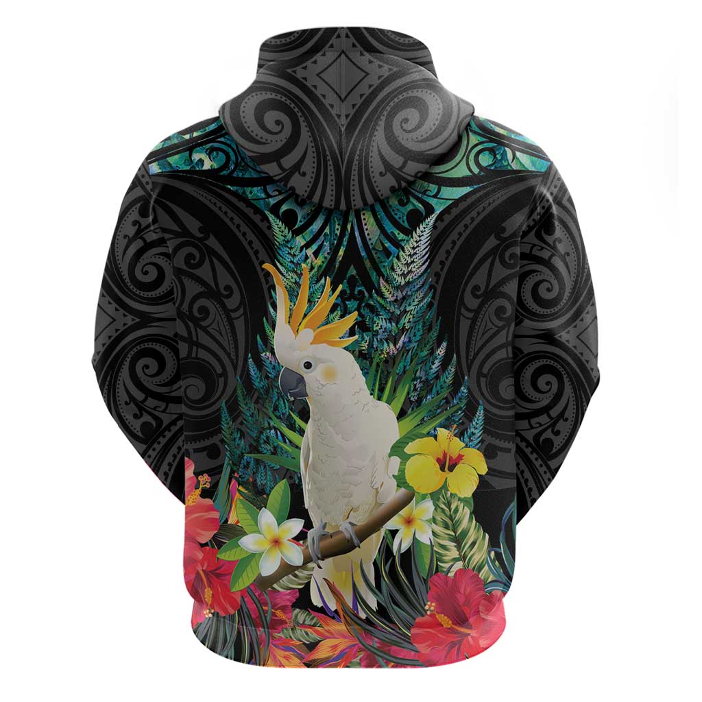 Sulphur-crested Cockatoo New Zealand Hoodie Paua Shell Aotearoa Maori Tropical Flowers - Polynesian Pride