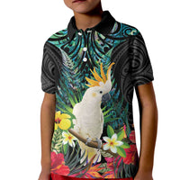 Sulphur-crested Cockatoo New Zealand Kid Polo Shirt Paua Shell Aotearoa Maori Tropical Flowers - Polynesian Pride