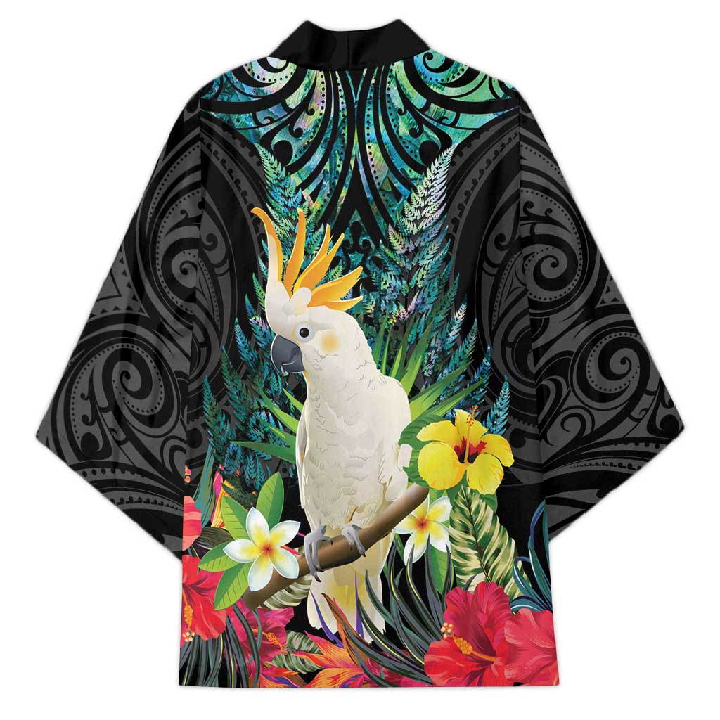 Sulphur-crested Cockatoo New Zealand Kimono Paua Shell Aotearoa Maori Tropical Flowers - Polynesian Pride