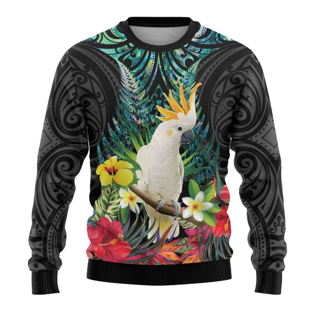 Sulphur-crested Cockatoo New Zealand Ugly Christmas Sweater Paua Shell Aotearoa Maori Tropical Flowers - Polynesian Pride