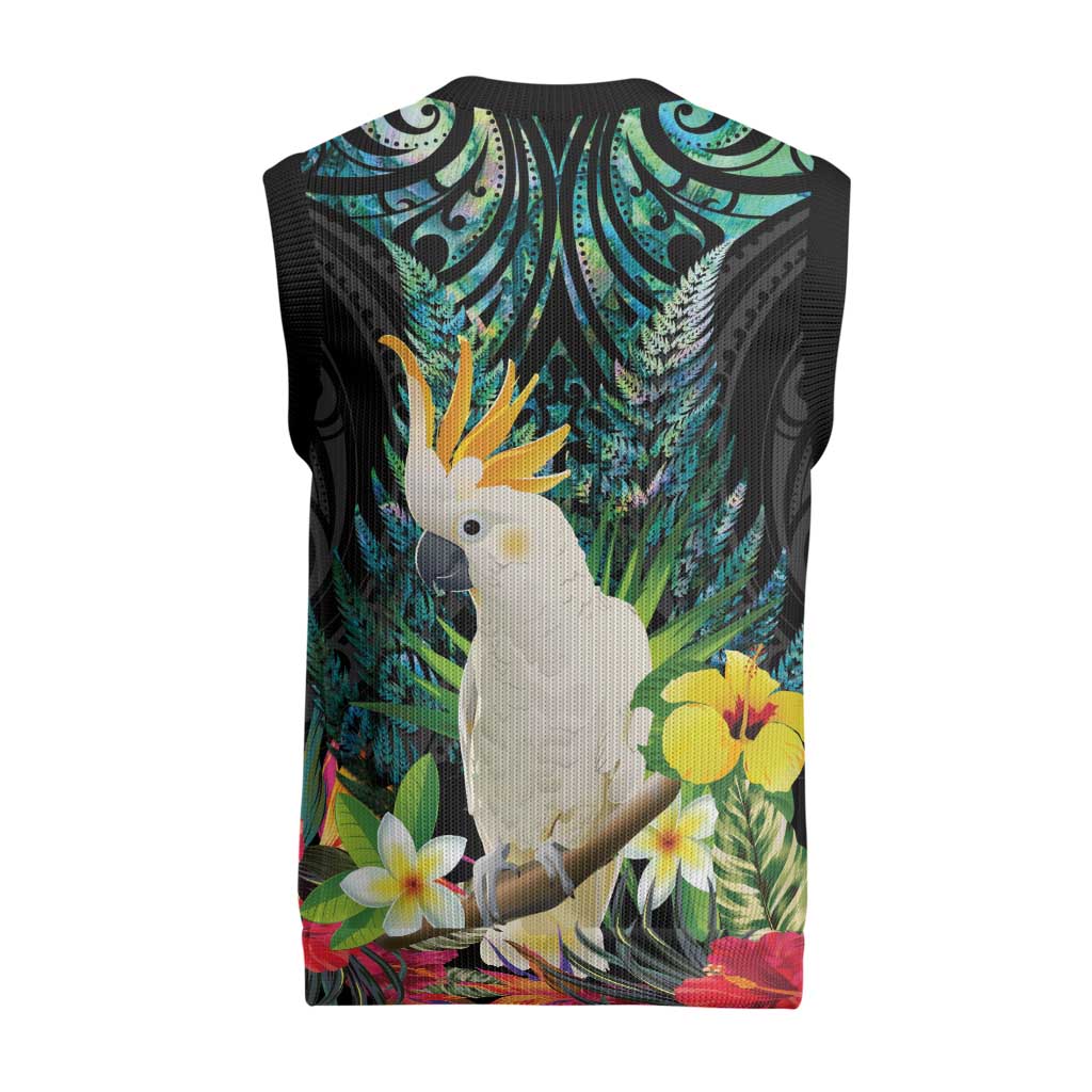 Sulphur-crested Cockatoo New Zealand Christmas Knitted V-Neck Vest Paua Shell Aotearoa Maori Tropical Flowers - Polynesian Pride