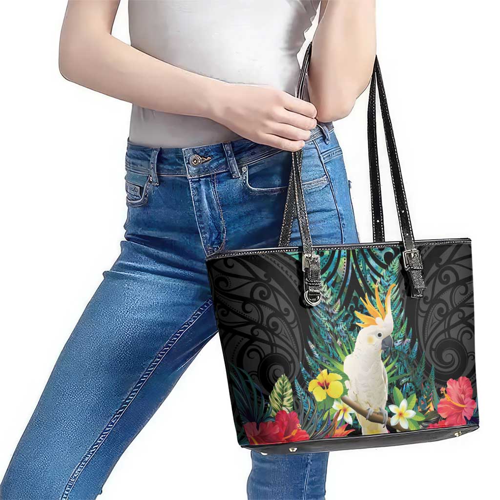 Sulphur-crested Cockatoo New Zealand Leather Tote Bag Paua Shell Aotearoa Maori Tropical Flowers - Polynesian Pride