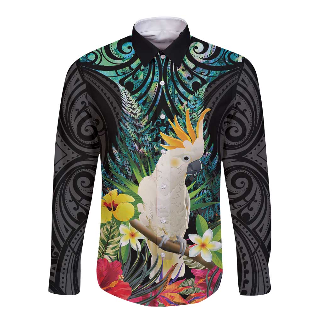 Sulphur-crested Cockatoo New Zealand Long Sleeve Button Shirt Paua Shell Aotearoa Maori Tropical Flowers - Polynesian Pride