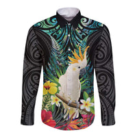 Sulphur-crested Cockatoo New Zealand Long Sleeve Button Shirt Paua Shell Aotearoa Maori Tropical Flowers - Polynesian Pride
