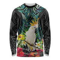 Sulphur-crested Cockatoo New Zealand Long Sleeve Shirt Paua Shell Aotearoa Maori Tropical Flowers - Polynesian Pride