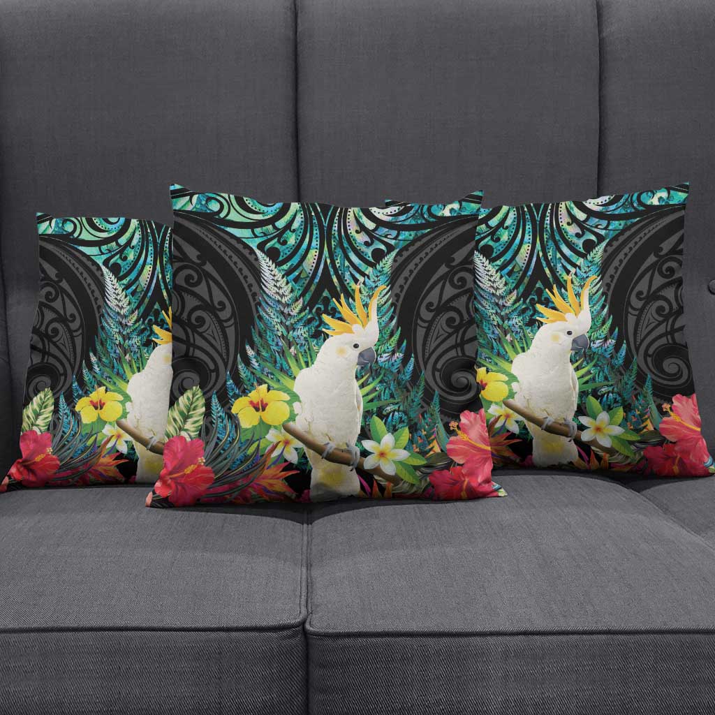 Sulphur-crested Cockatoo New Zealand Pillow Cover Paua Shell Aotearoa Maori Tropical Flowers - Polynesian Pride