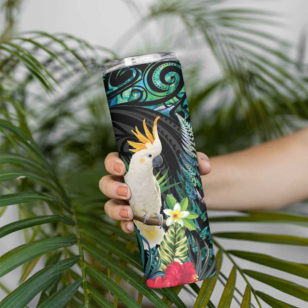 Sulphur-crested Cockatoo New Zealand Skinny Tumbler Paua Shell Aotearoa Maori Tropical Flowers - Polynesian Pride