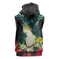 Sulphur-crested Cockatoo New Zealand Sleeveless Hoodie Paua Shell Aotearoa Maori Tropical Flowers - Polynesian Pride