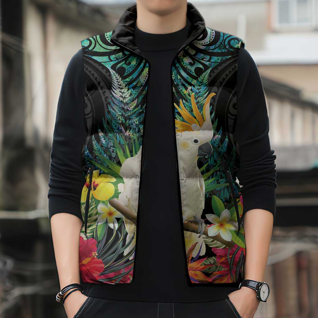 Sulphur-crested Cockatoo New Zealand Sleeveless Puffer Jacket Paua Shell Aotearoa Maori Tropical Flowers - Polynesian Pride