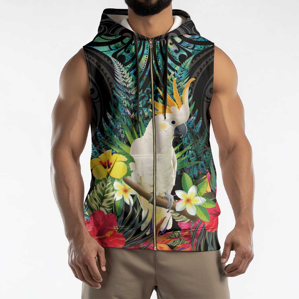 Sulphur-crested Cockatoo New Zealand Sleeveless Zip Hoodie Paua Shell Aotearoa Maori Tropical Flowers - Polynesian Pride