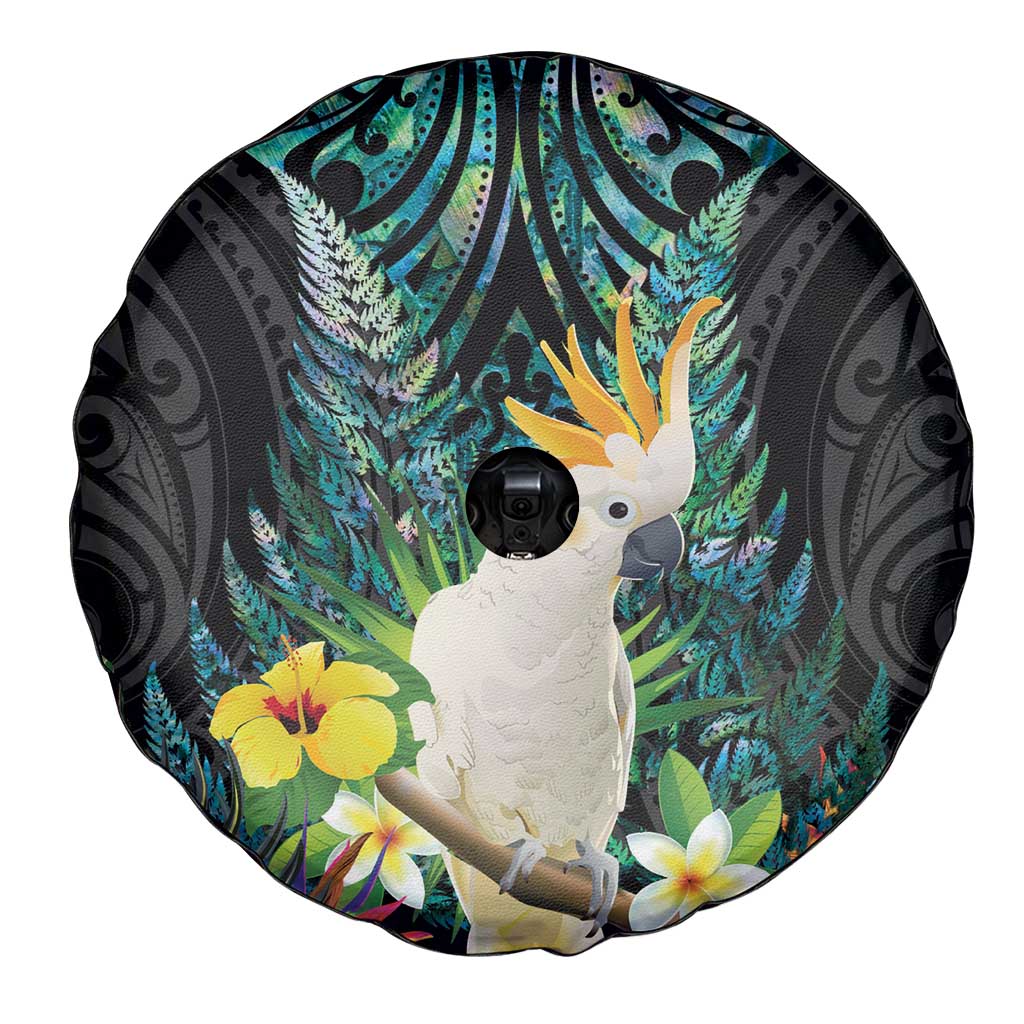Sulphur-crested Cockatoo New Zealand Spare Tire Cover Paua Shell Aotearoa Maori Tropical Flowers - Polynesian Pride