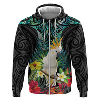 Sulphur-crested Cockatoo New Zealand Zip Hoodie Paua Shell Aotearoa Maori Tropical Flowers - Polynesian Pride