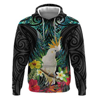Sulphur-crested Cockatoo New Zealand Zip Hoodie Paua Shell Aotearoa Maori Tropical Flowers - Polynesian Pride