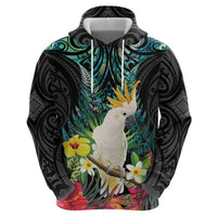Sulphur-crested Cockatoo New Zealand Zip Hoodie Paua Shell Aotearoa Maori Tropical Flowers - Polynesian Pride