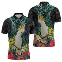 Sulphur-crested Cockatoo New Zealand Zipper Polo Shirt Paua Shell Aotearoa Maori Tropical Flowers - Polynesian Pride