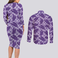 Purple Hawaii Kalo Palaka Motifs Couples Matching Long Sleeve Bodycon Dress and Long Sleeve Button Shirt Hawaiian Taro Leaves Elegant Vibes LT14 - Polynesian Pride