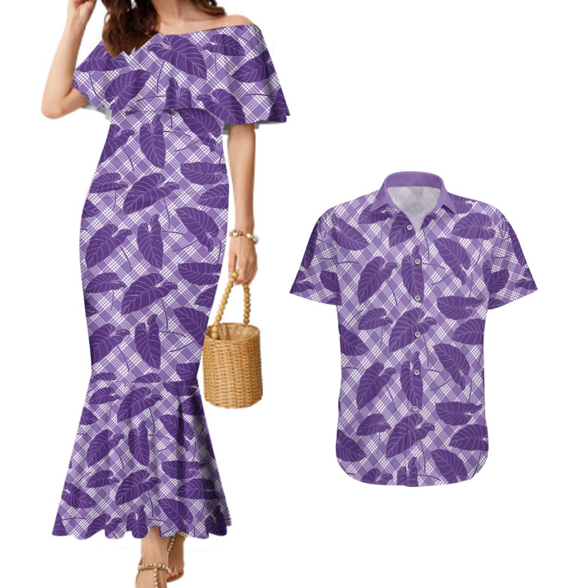 Purple Hawaii Kalo Palaka Motifs Couples Matching Mermaid Dress and Hawaiian Shirt Hawaiian Taro Leaves Elegant Vibes - Polynesian Pride