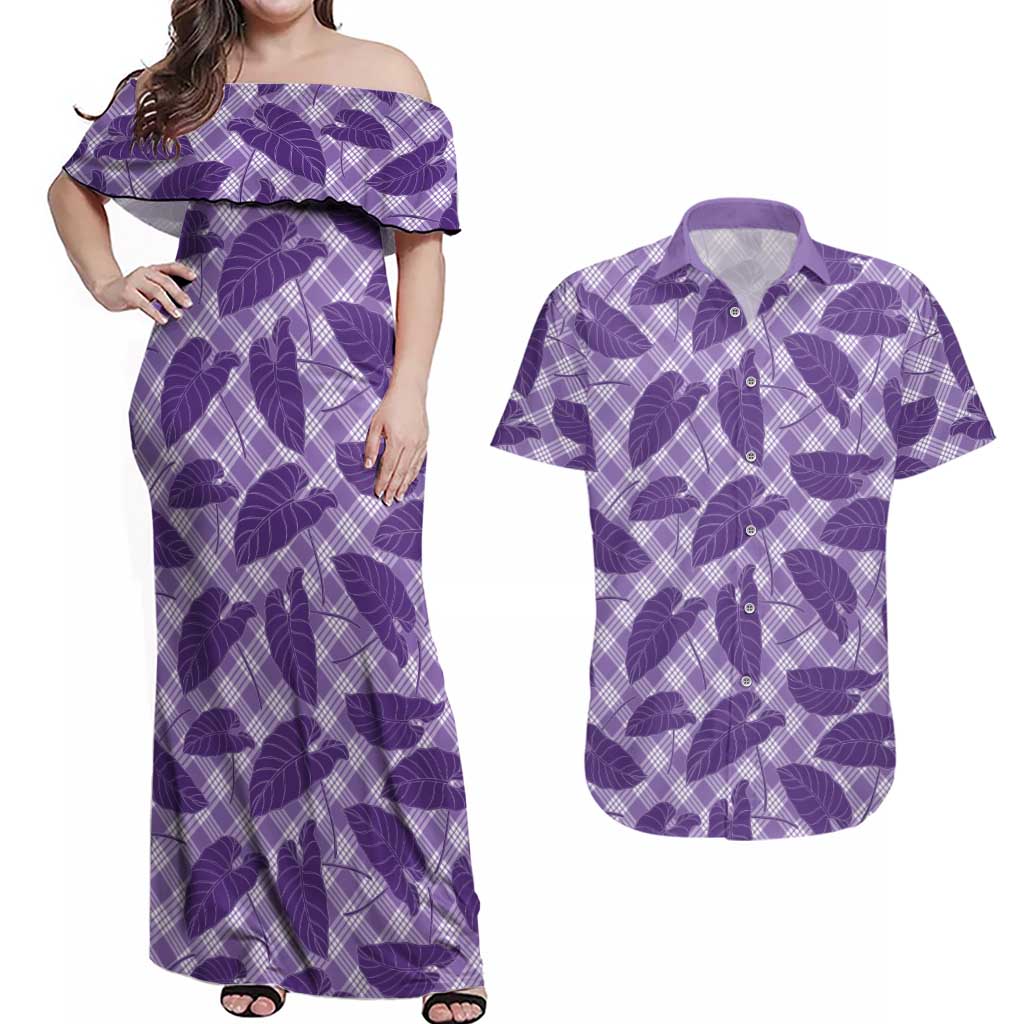 Purple Hawaii Kalo Palaka Motifs Couples Matching Off Shoulder Maxi Dress and Hawaiian Shirt Hawaiian Taro Leaves Elegant Vibes LT14 Purple - Polynesian Pride