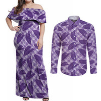 Purple Hawaii Kalo Palaka Motifs Couples Matching Off Shoulder Maxi Dress and Long Sleeve Button Shirt Hawaiian Taro Leaves Elegant Vibes LT14 Purple - Polynesian Pride