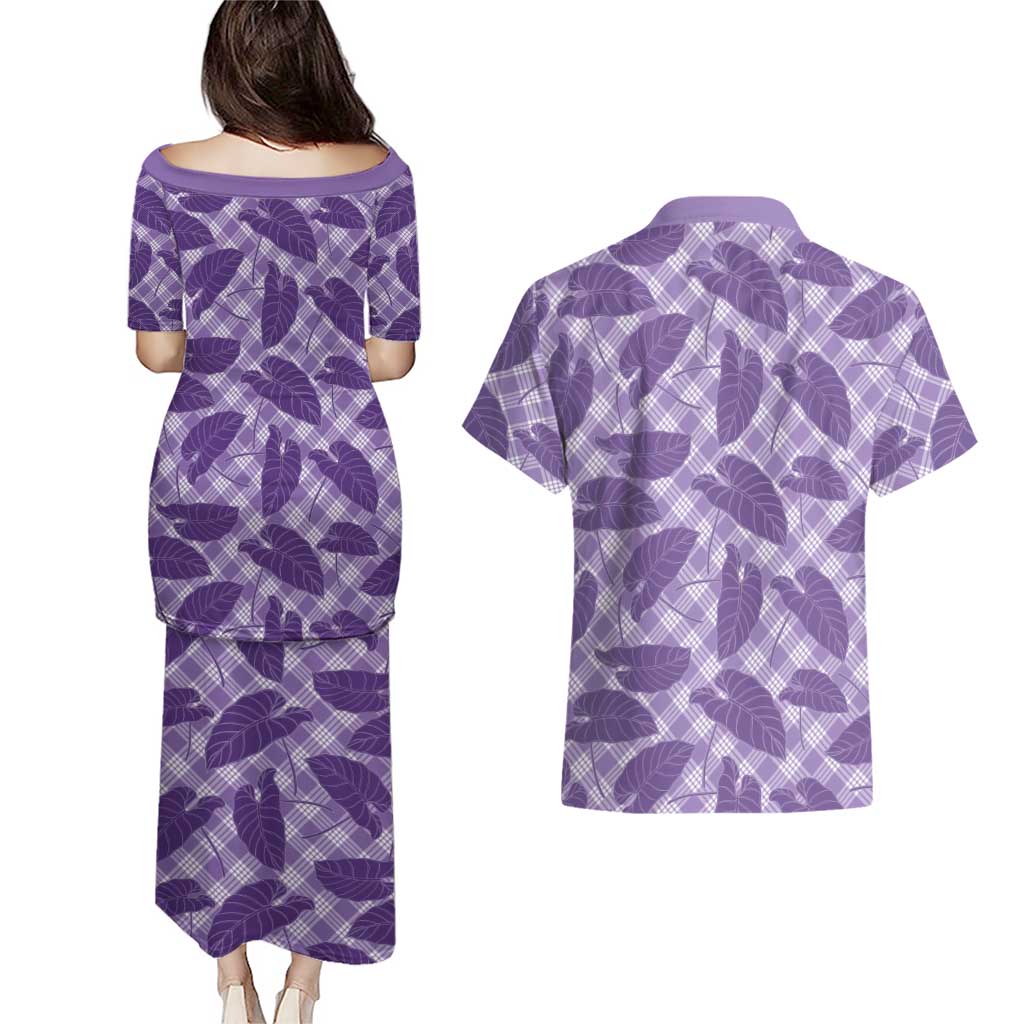 Purple Hawaii Kalo Palaka Motifs Couples Matching Puletasi and Hawaiian Shirt Hawaiian Taro Leaves Elegant Vibes LT14 - Polynesian Pride