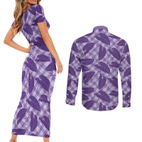 Purple Hawaii Kalo Palaka Motifs Couples Matching Short Sleeve Bodycon Dress and Long Sleeve Button Shirt Hawaiian Taro Leaves Elegant Vibes LT14 - Polynesian Pride