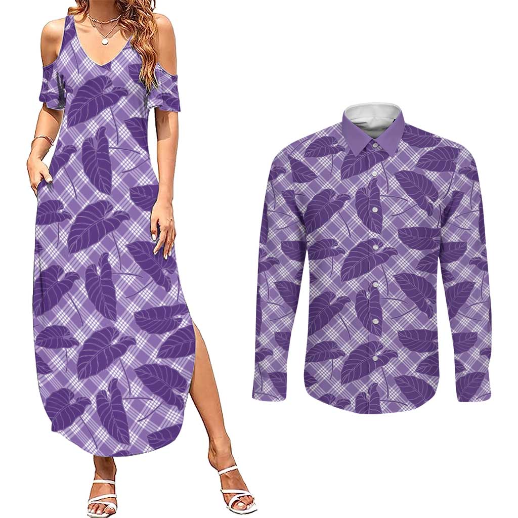 Purple Hawaii Kalo Palaka Motifs Couples Matching Summer Maxi Dress and Long Sleeve Button Shirt Hawaiian Taro Leaves Elegant Vibes - Polynesian Pride