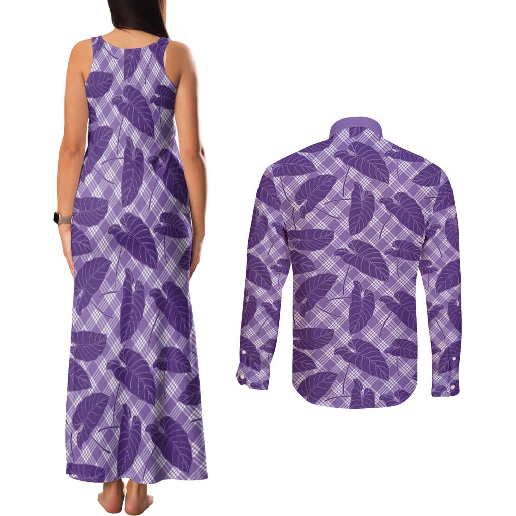 Purple Hawaii Kalo Palaka Motifs Couples Matching Tank Maxi Dress and Long Sleeve Button Shirt Hawaiian Taro Leaves Elegant Vibes LT14 - Polynesian Pride