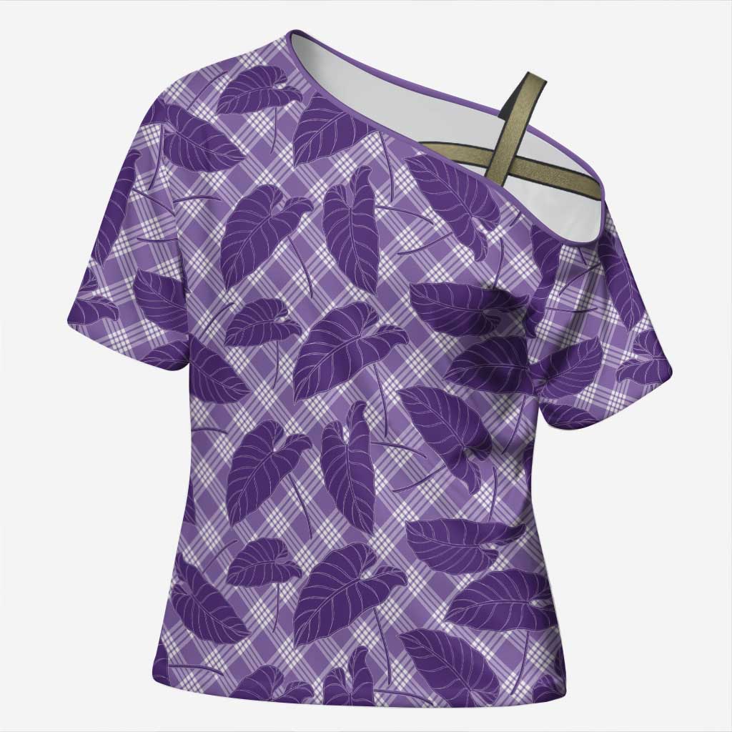 Purple Hawaii Kalo Palaka Motifs Cross Shoulder Shirt Hawaiian Taro Leaves Elegant Vibes LT14 Female Purple - Polynesian Pride