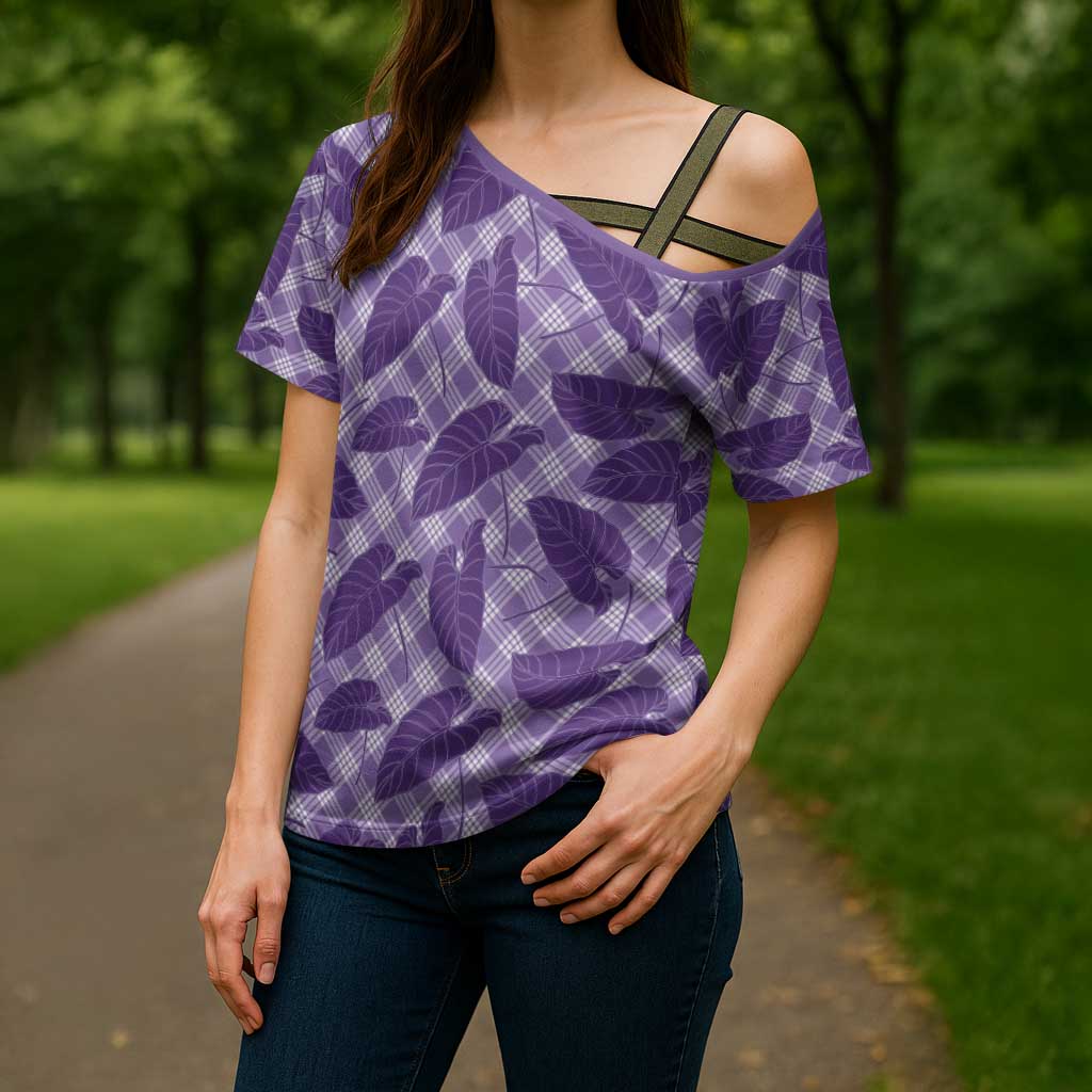 Purple Hawaii Kalo Palaka Motifs Cross Shoulder Shirt Hawaiian Taro Leaves Elegant Vibes LT14 - Polynesian Pride