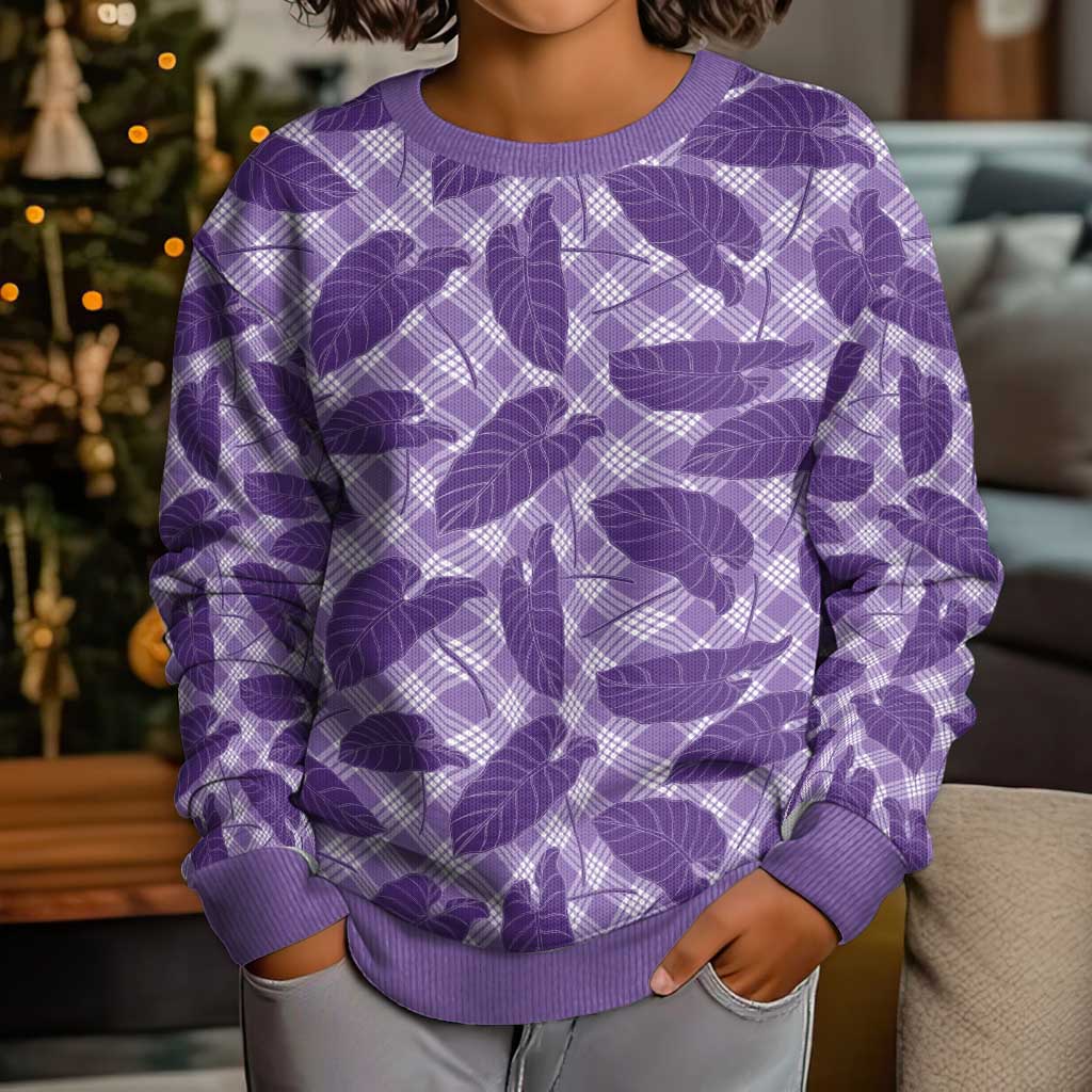 Purple Hawaii Kalo Palaka Motifs Kid Ugly Christmas Sweater Hawaiian Taro Leaves Elegant Vibes LT14 - Polynesian Pride