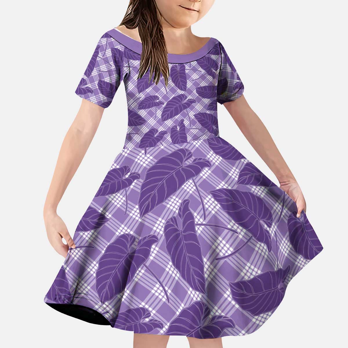 Purple Hawaii Kalo Palaka Motifs Kid Short Sleeve Dress Hawaiian Taro Leaves Elegant Vibes LT14 KID Purple - Polynesian Pride