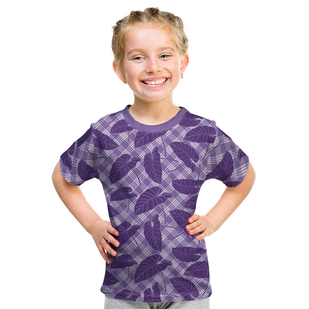 Purple Hawaii Kalo Palaka Motifs Kid T Shirt Hawaiian Taro Leaves Elegant Vibes - Polynesian Pride