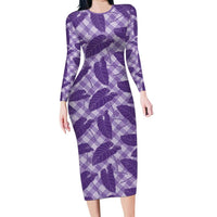 Purple Hawaii Kalo Palaka Motifs Long Sleeve Bodycon Dress Hawaiian Taro Leaves Elegant Vibes LT14 Long Dress Purple - Polynesian Pride