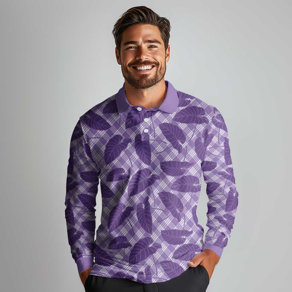 Purple Hawaii Kalo Palaka Motifs Long Sleeve Polo Shirt Hawaiian Taro Leaves Elegant Vibes LT14 - Polynesian Pride
