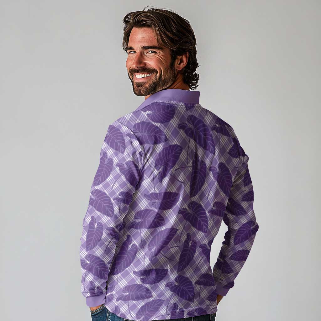 Purple Hawaii Kalo Palaka Motifs Long Sleeve Polo Shirt Hawaiian Taro Leaves Elegant Vibes LT14 - Polynesian Pride