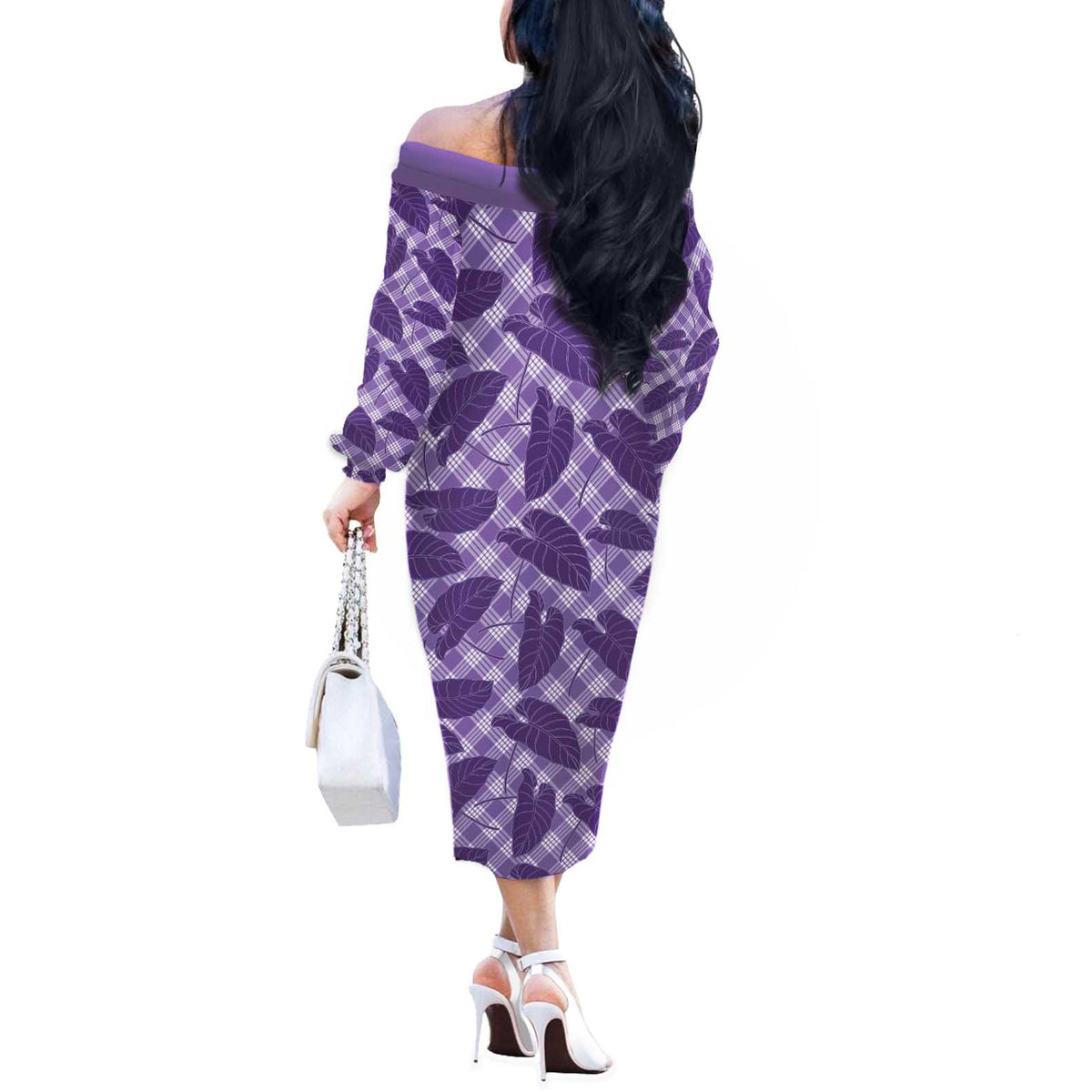 Purple Hawaii Kalo Palaka Motifs Off The Shoulder Long Sleeve Dress Hawaiian Taro Leaves Elegant Vibes LT14 - Polynesian Pride