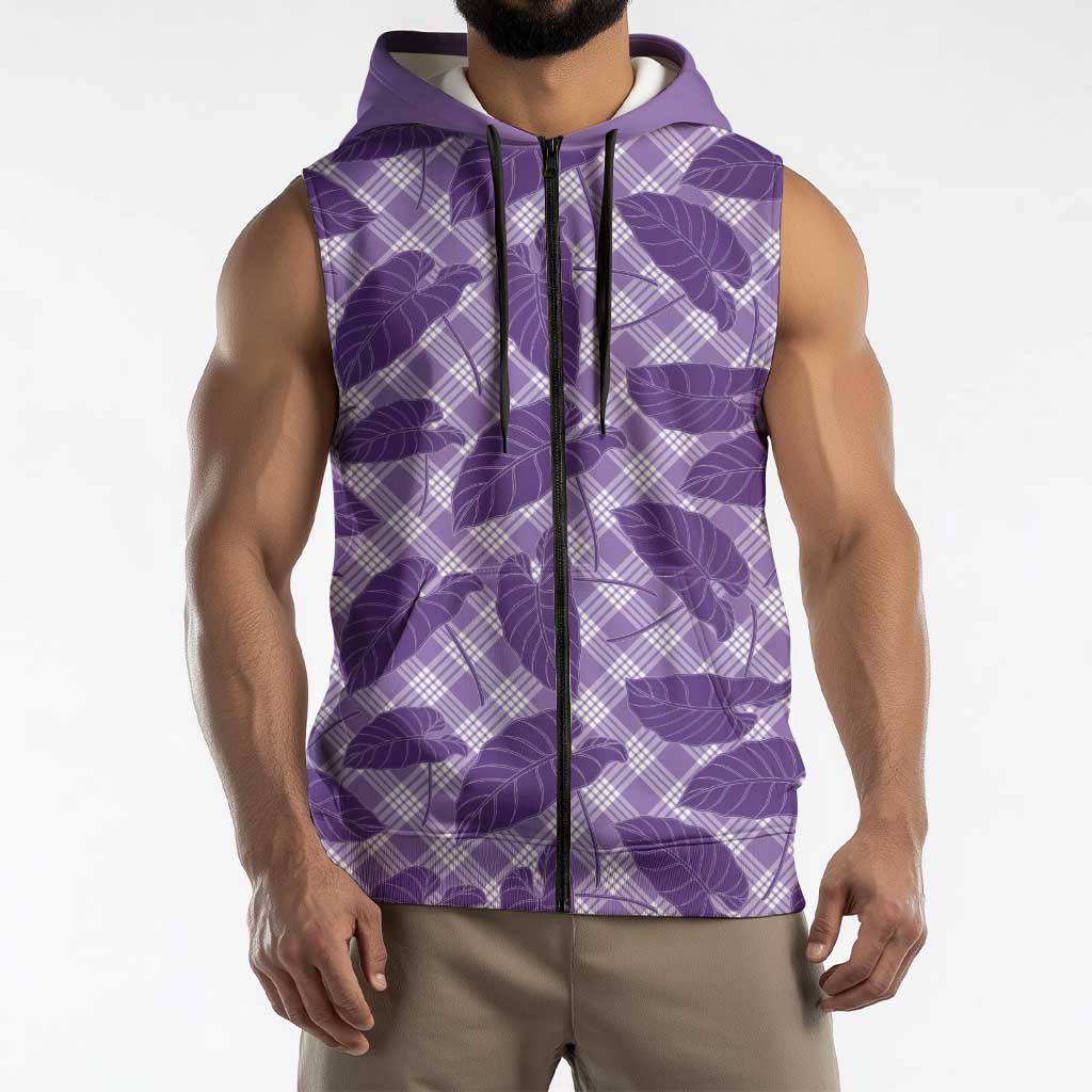 Purple Hawaii Kalo Palaka Motifs Sleeveless Zip Hoodie Hawaiian Taro Leaves Elegant Vibes LT14 - Polynesian Pride