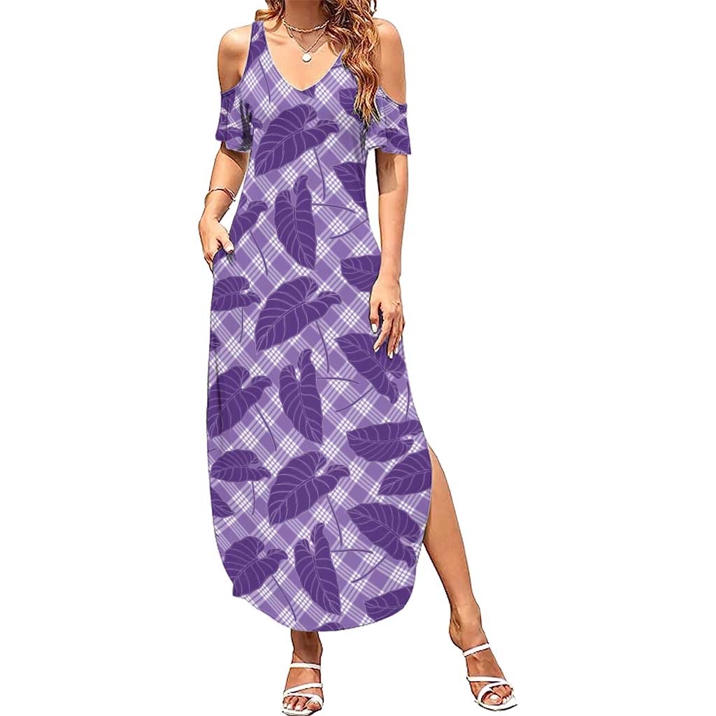 Purple Hawaii Kalo Palaka Motifs Summer Maxi Dress Hawaiian Taro Leaves Elegant Vibes - Polynesian Pride