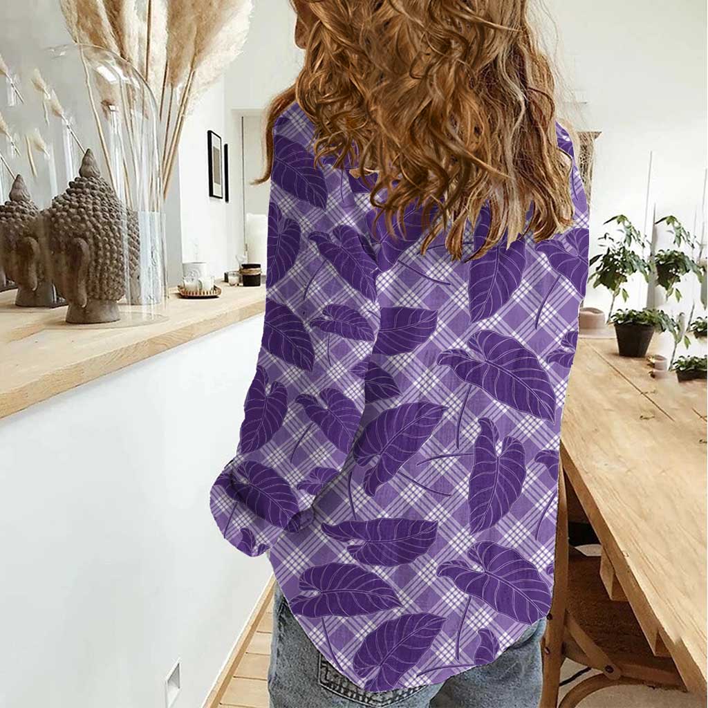 Purple Hawaii Kalo Palaka Motifs Women Casual Shirt Hawaiian Taro Leaves Elegant Vibes LT14 - Polynesian Pride