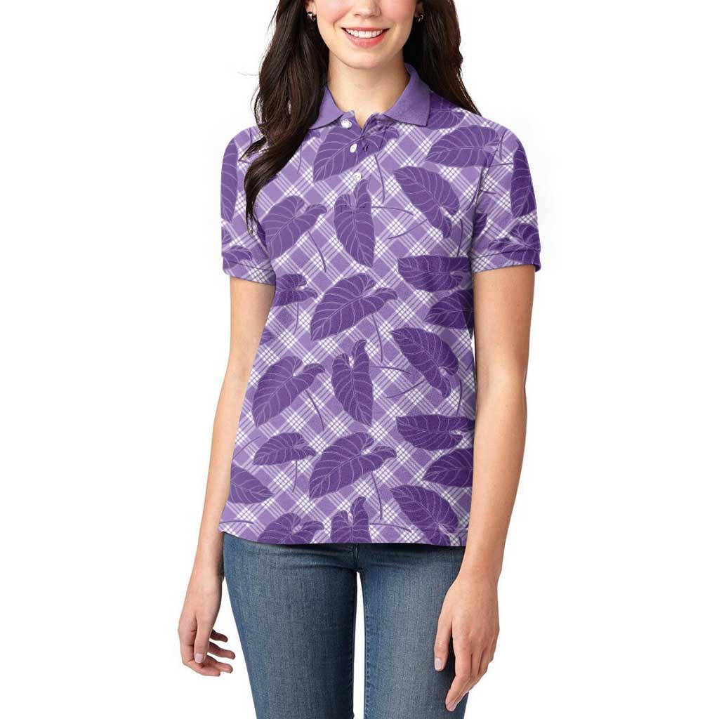 Purple Hawaii Kalo Palaka Motifs Women Polo Shirt Hawaiian Taro Leaves Elegant Vibes LT14 - Polynesian Pride