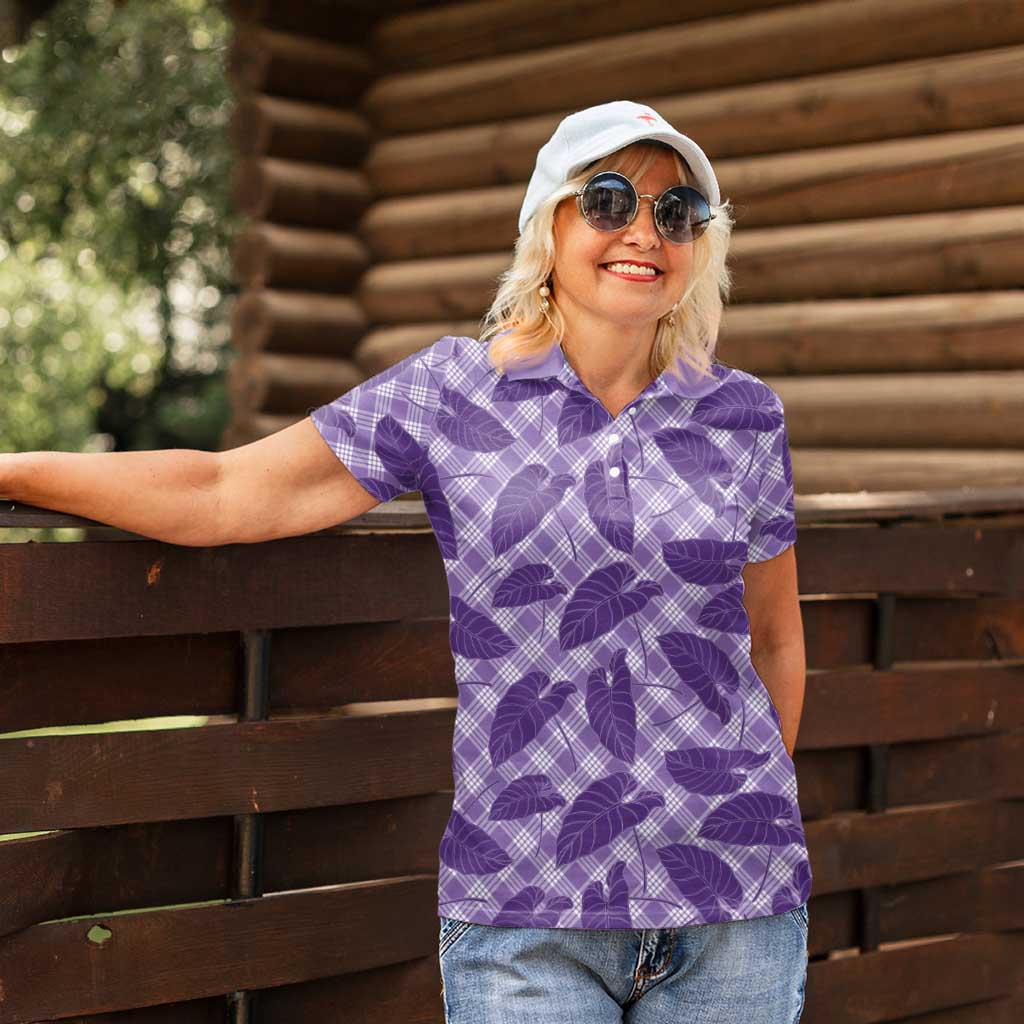 Purple Hawaii Kalo Palaka Motifs Women Polo Shirt Hawaiian Taro Leaves Elegant Vibes LT14 - Polynesian Pride